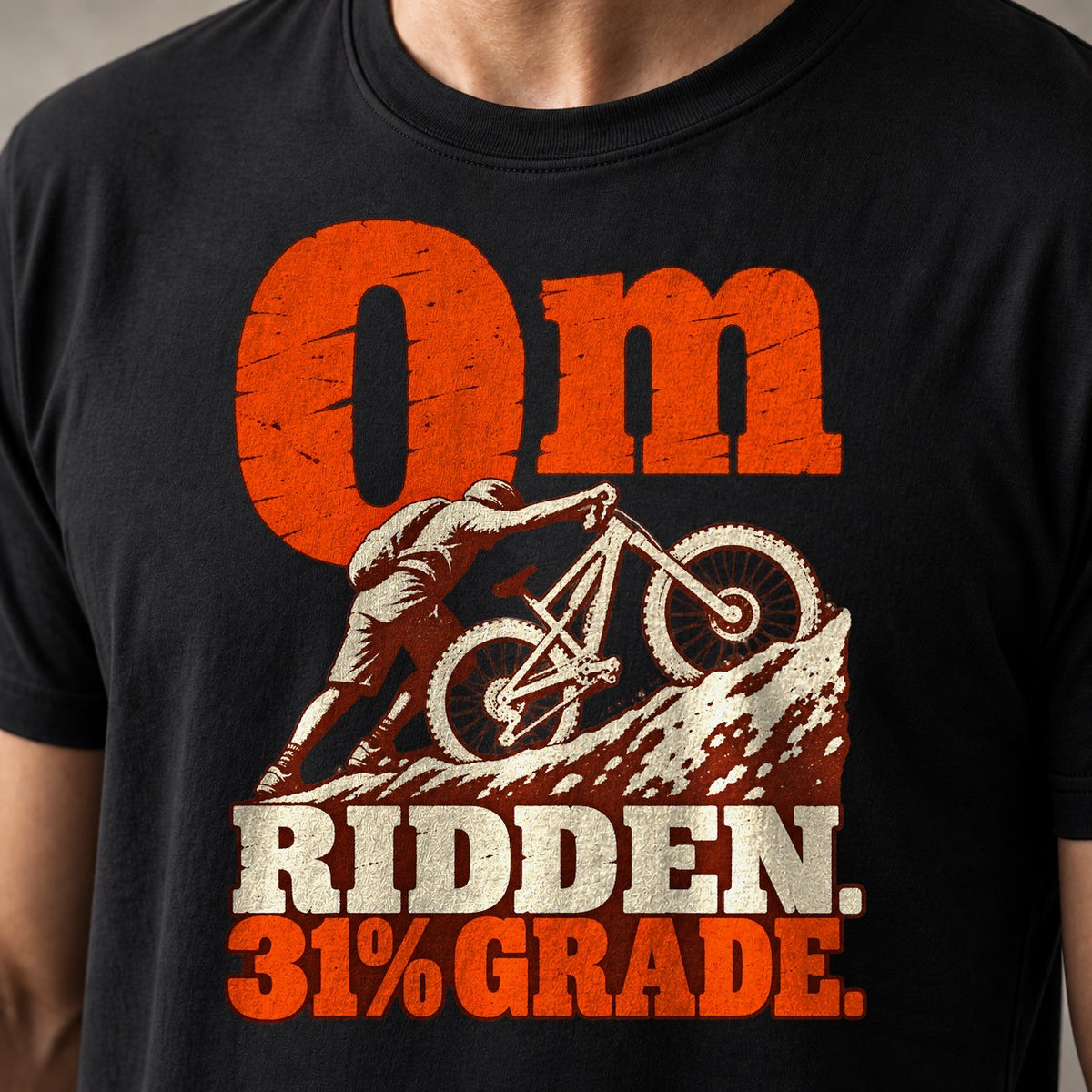 0m Ridden. 31% Grade. funny mountain bike t-shirt in Black — rider pushing a full-suspension bike up a rocky slope — close-up of the print