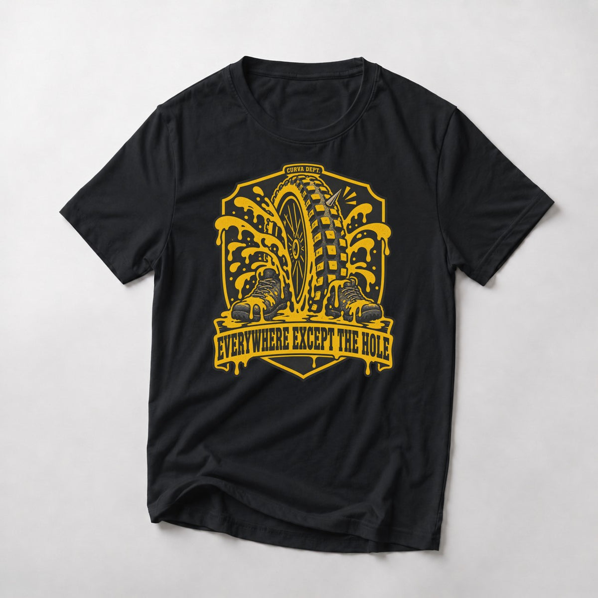 Everywhere Except The Hole mountain bike t-shirt in Black — crest of a punctured tire erupting sealant over two boots