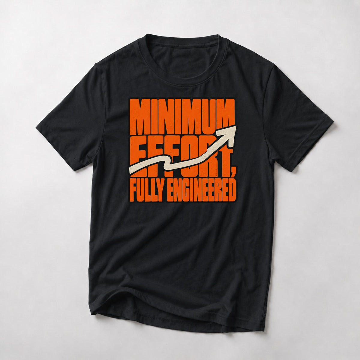 Minimum Effort, Fully Engineered mountain bike t-shirt in Black — bold orange type with an arrow wriggling its way upward