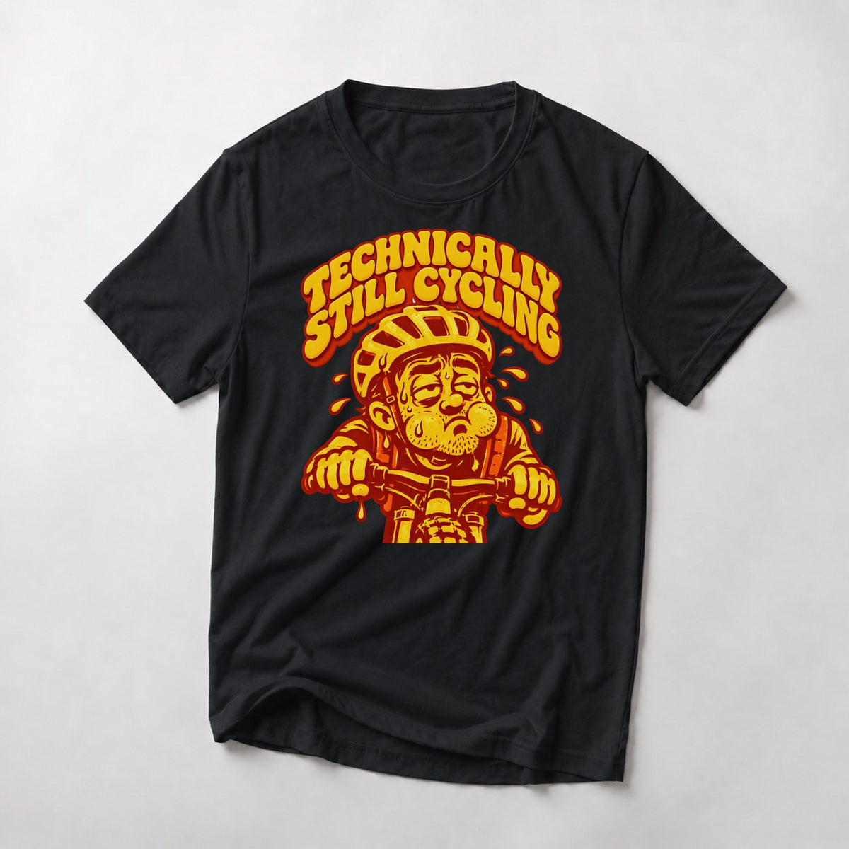 Technically Still Cycling mountain bike t-shirt in Black — exhausted cartoon rider dripping sweat over the bars