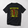 Sealant: Everywhere But There mountain bike t-shirt in Black — 8-bit tire spraying neon-green sealant everywhere but the hole