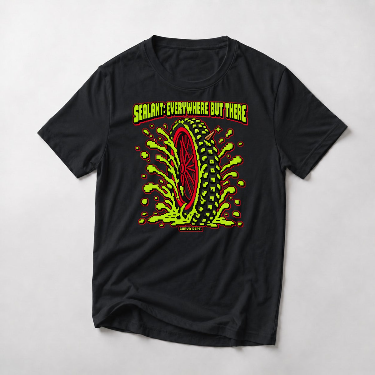 Sealant: Everywhere But There mountain bike t-shirt in Black — 8-bit tire spraying neon-green sealant everywhere but the hole