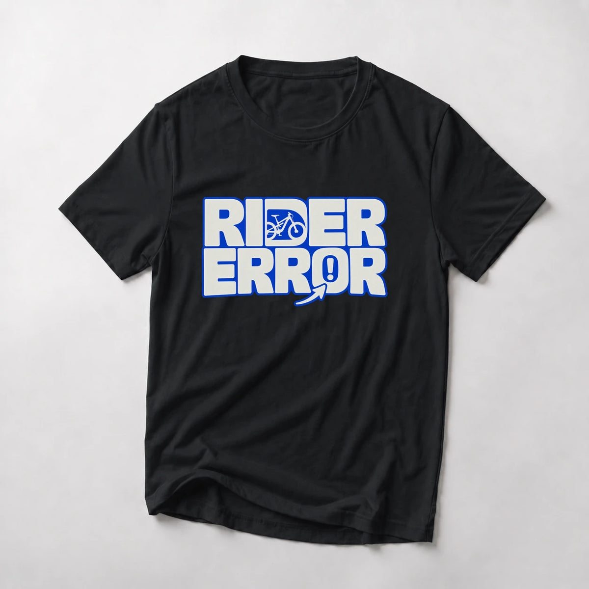 Rider Error funny mountain bike t-shirt in Black — block letters with a bike in the D and an arrow pointing at the rider