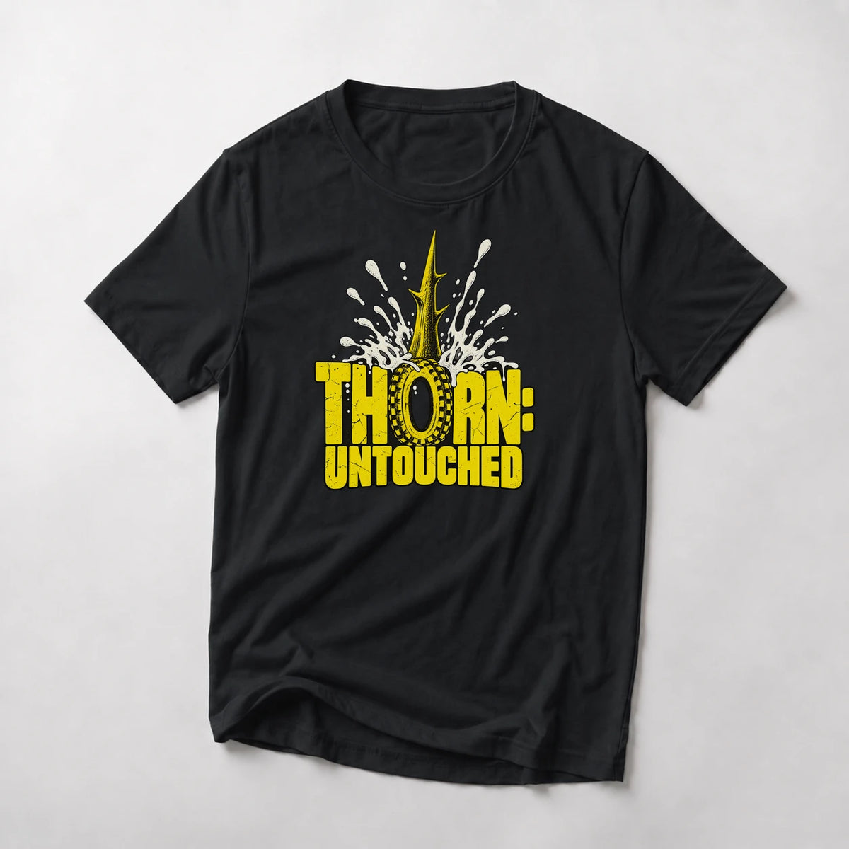 Thorn: Untouched funny mountain bike t-shirt in Black — thorn spike through a tire with sealant exploding around it