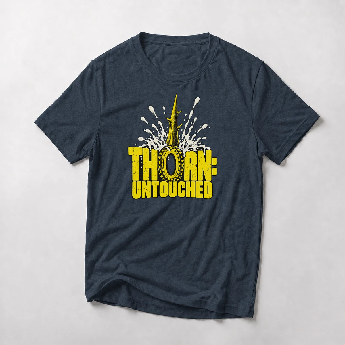 Thorn: Untouched funny mountain bike t-shirt in Navy — thorn spike through a tire with sealant exploding around it