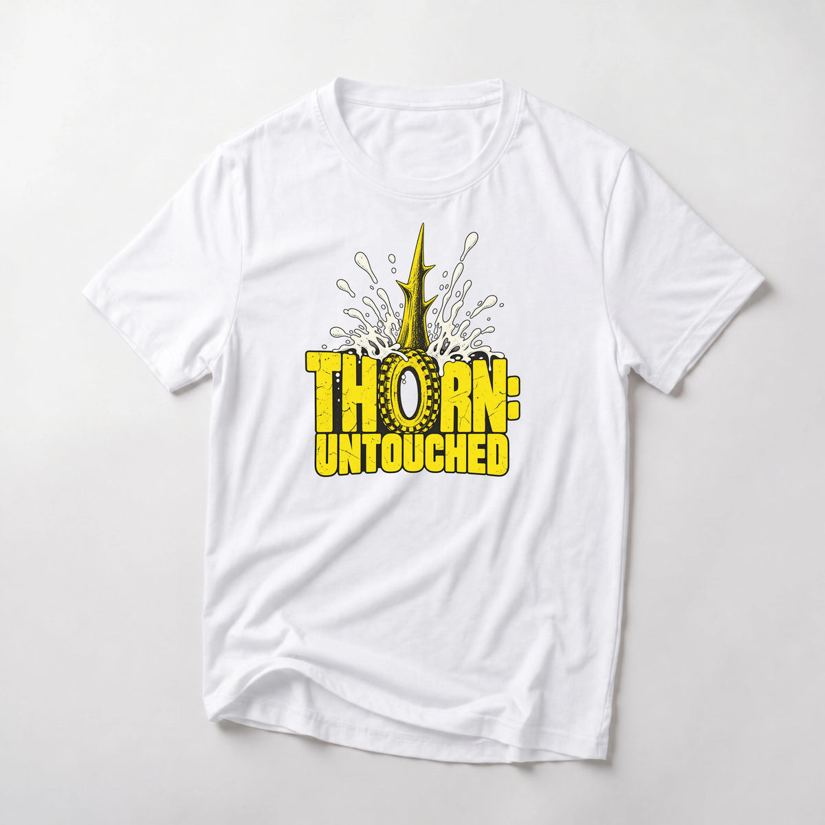 Thorn: Untouched funny mountain bike t-shirt in White — thorn spike through a tire with sealant exploding around it