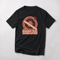 Measured Twice. Crashed Anyway. funny mountain bike t-shirt in Black — woodcut wheel and ruler with a cracked rim