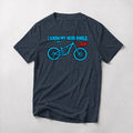 I Know My Head Angle. mountain bike t-shirt in Heather Navy — cartoon full-suspension bike with the 64° head angle marked