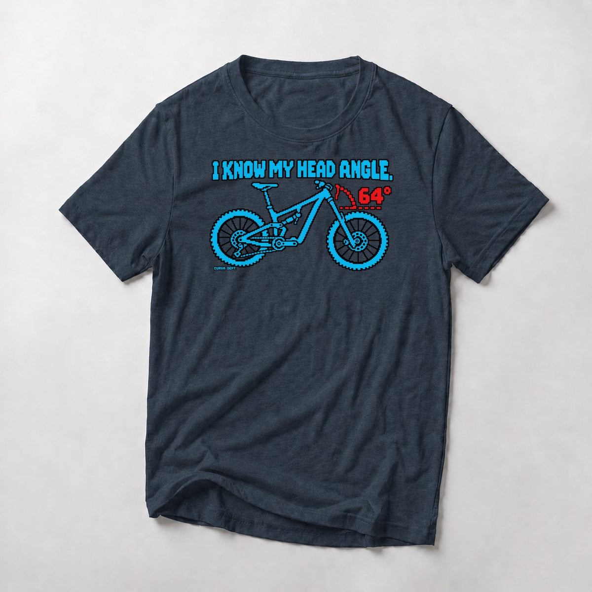 I Know My Head Angle. mountain bike t-shirt in Heather Navy — cartoon full-suspension bike with the 64° head angle marked
