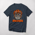 Repair In Progress mountain bike t-shirt in Heather Navy — deadpan rider in helmet and goggles with his face drenched in sealant