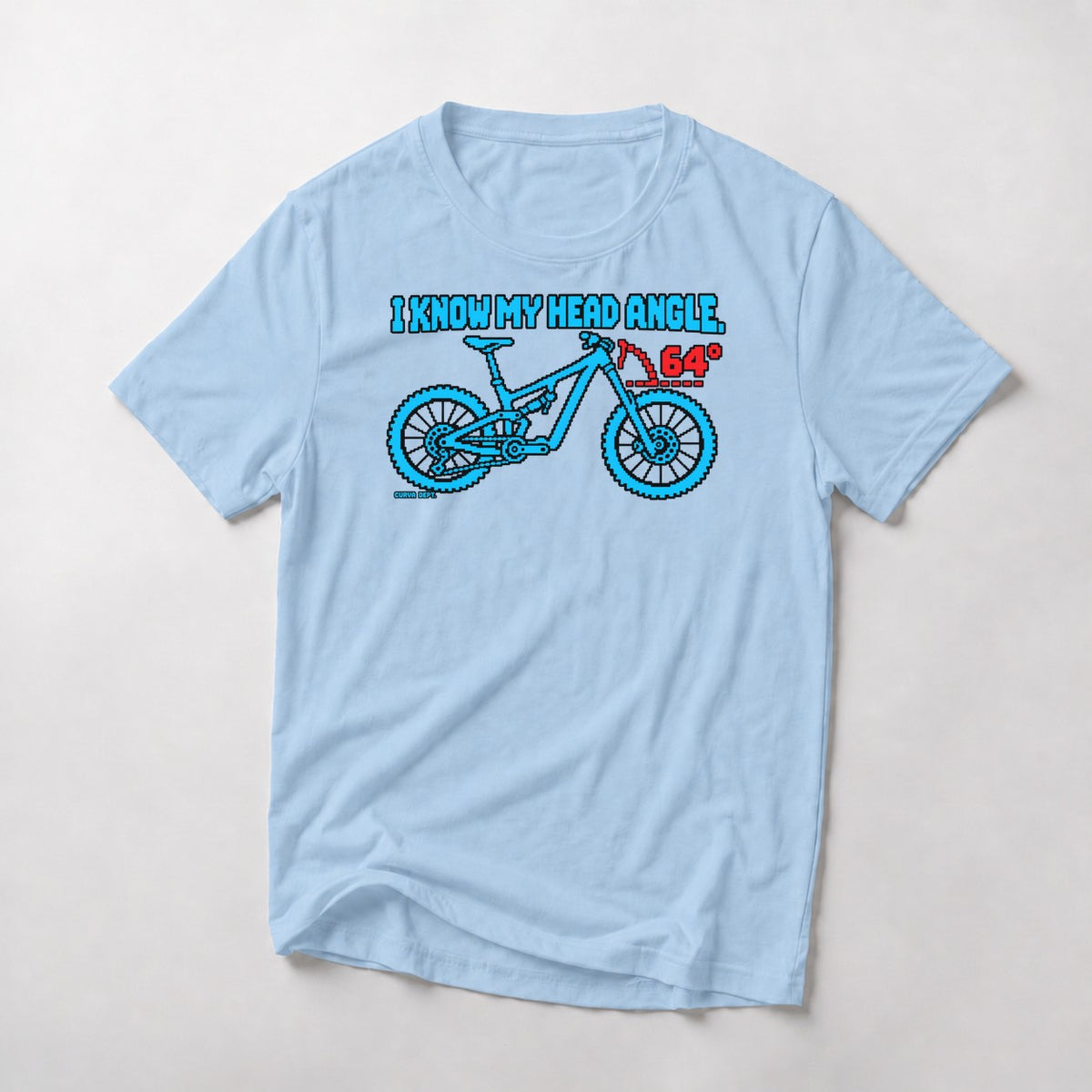 I Know My Head Angle. mountain bike t-shirt in Light Blue — cartoon full-suspension bike with the 64° head angle marked