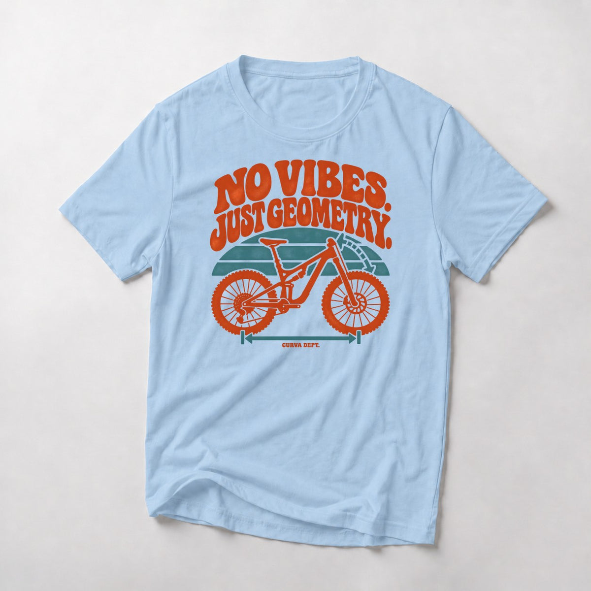 No Vibes. Just Geometry. mountain bike t-shirt in Light Blue — retro full-suspension bike with a head-angle protractor and wheelbase arrow