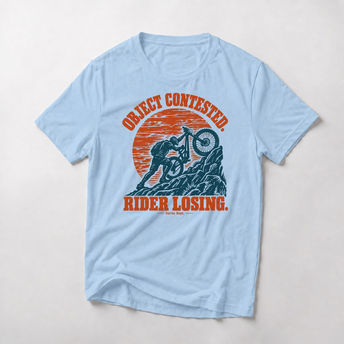 Object Contested. Rider Losing. mountain bike t-shirt in Light Blue — woodcut rider wrestling his bike up a rock step under an orange sun