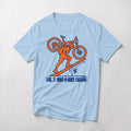 Fig. 7: Hike-A-Bike (Again) mountain bike t-shirt in Light Blue — rider shouldering his bike up a 31° ramp in a manual-style diagram