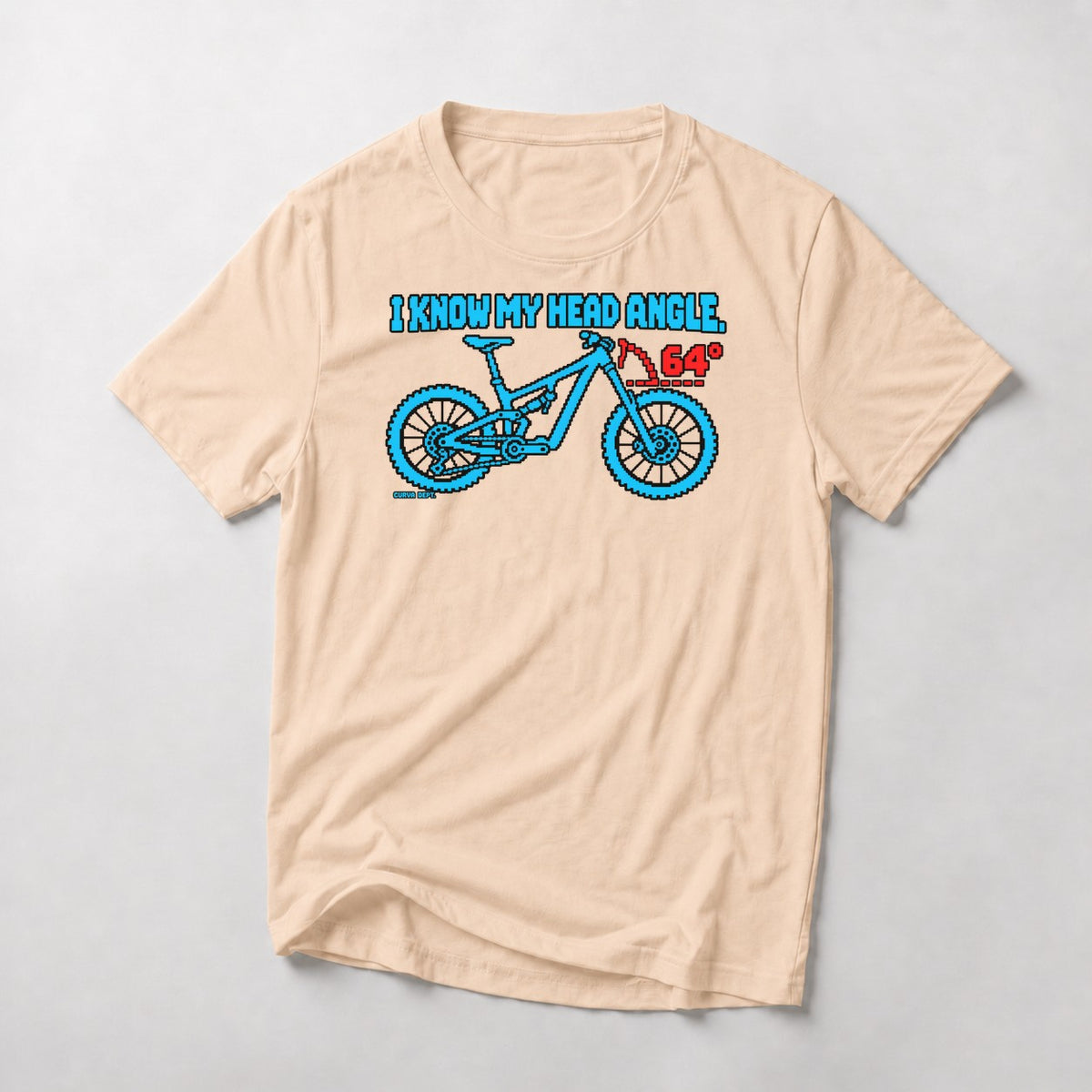 I Know My Head Angle. mountain bike t-shirt in Natural — cartoon full-suspension bike with the 64° head angle marked