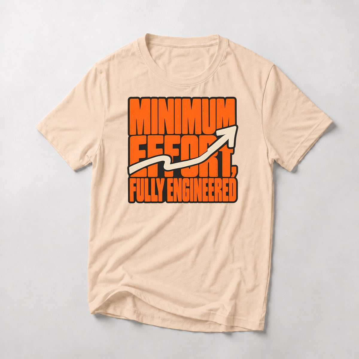 Minimum Effort, Fully Engineered mountain bike t-shirt in Natural — bold orange type with an arrow wriggling its way upward