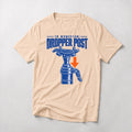 In Memoriam: Dropper Post mountain bike t-shirt in Natural — blue dropper post and lever with an arrow pointing down