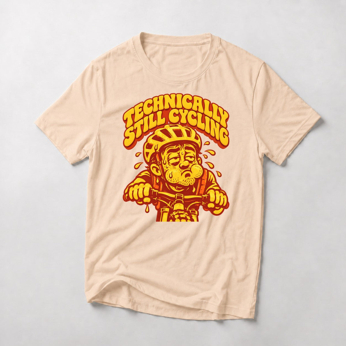 Technically Still Cycling mountain bike t-shirt in Natural — exhausted cartoon rider dripping sweat over the bars