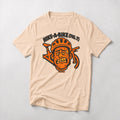 Hike-A-Bike (Fig. 7) mountain bike t-shirt in Natural — grimacing cartoon rider in an orange helmet with the bike behind his head