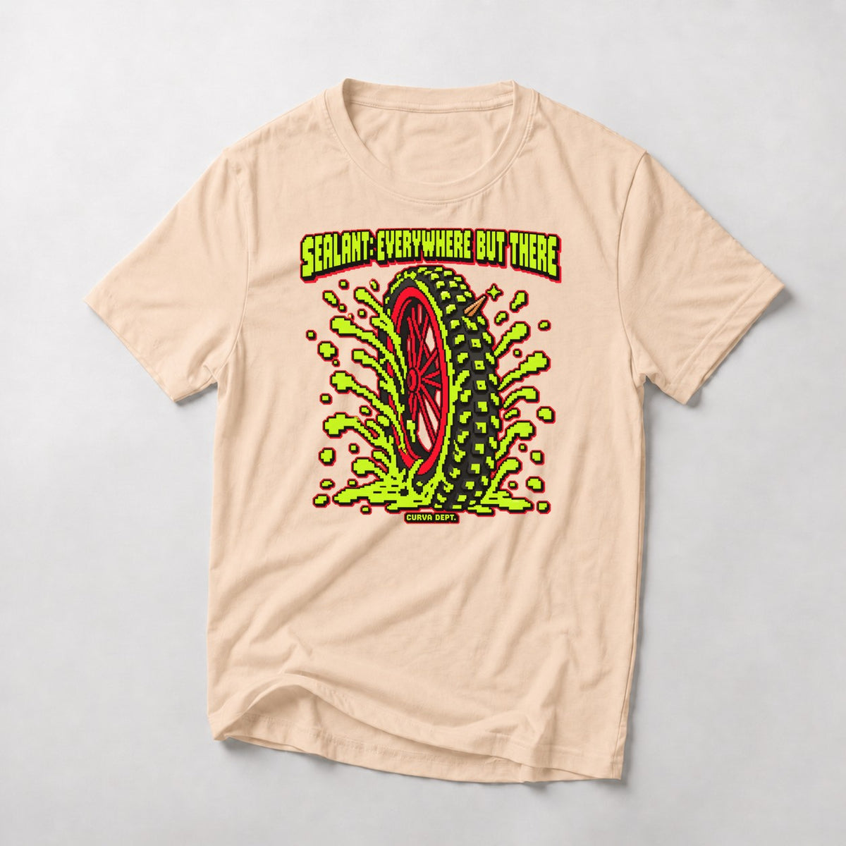 Sealant: Everywhere But There mountain bike t-shirt in Natural — 8-bit tire spraying neon-green sealant everywhere but the hole