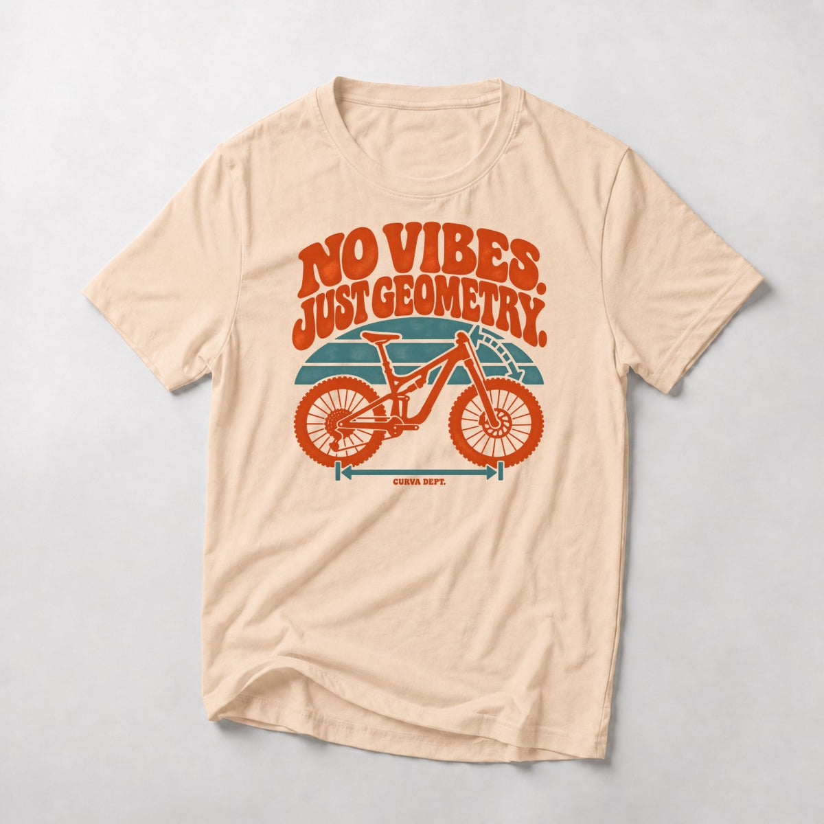 No Vibes. Just Geometry. mountain bike t-shirt in Natural — retro full-suspension bike with a head-angle protractor and wheelbase arrow