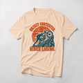 Object Contested. Rider Losing. mountain bike t-shirt in Natural — woodcut rider wrestling his bike up a rock step under an orange sun