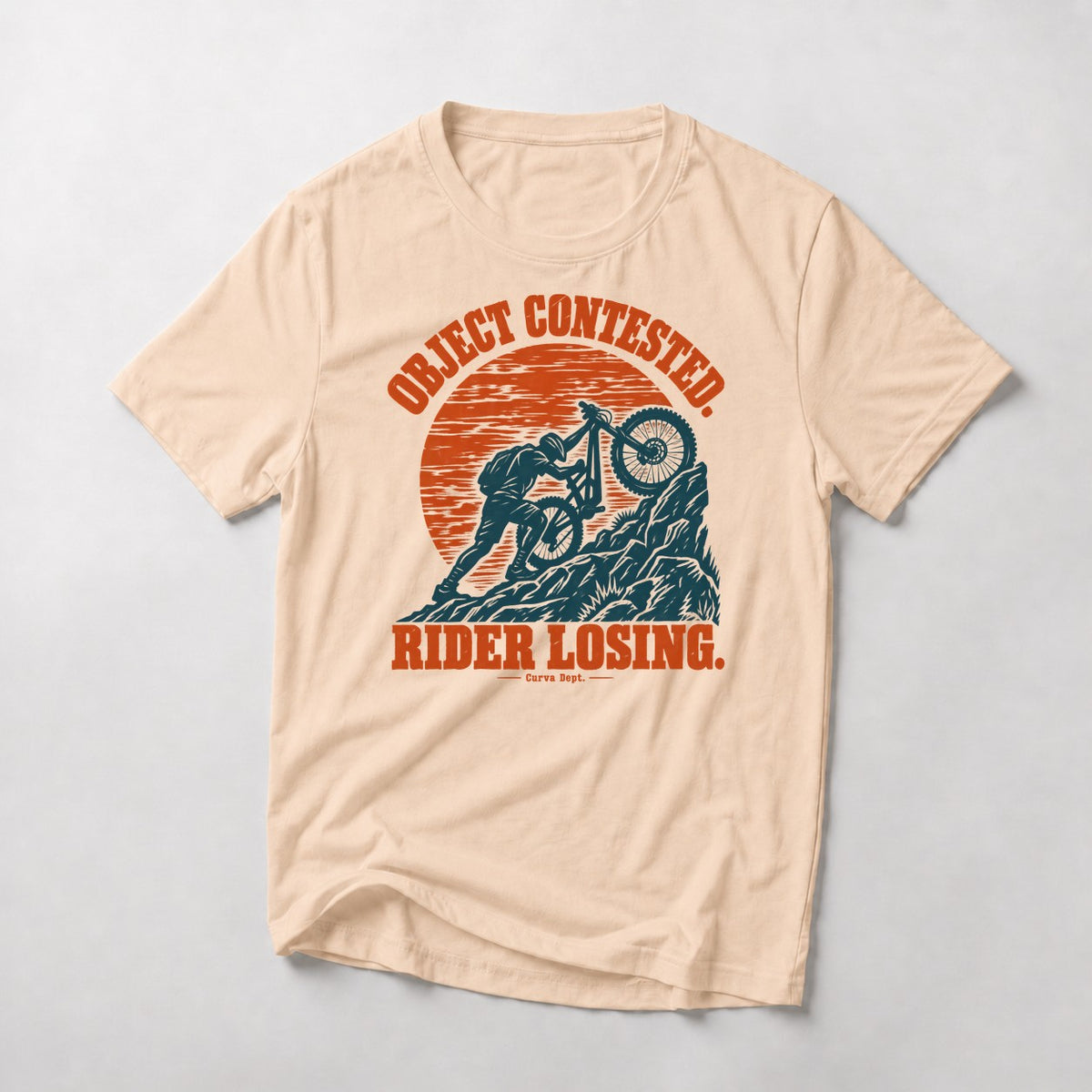 Object Contested. Rider Losing. mountain bike t-shirt in Natural — woodcut rider wrestling his bike up a rock step under an orange sun