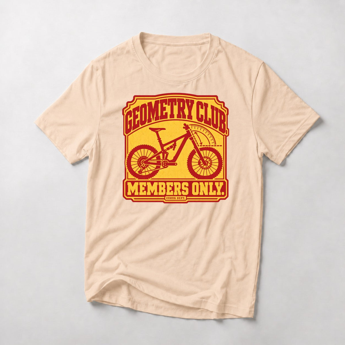 Geometry Club. Members Only. mountain bike t-shirt in Natural — club badge with a full-suspension bike and a head-angle protractor