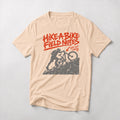 Hike-A-Bike: Field Notes mountain bike t-shirt in Natural — rider pushing up a rock face, marked in red as still not riding