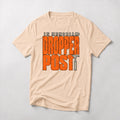 In Memoriam: Dropper Post mountain bike t-shirt in Natural — cracked orange letters with a worn dropper post as the T
