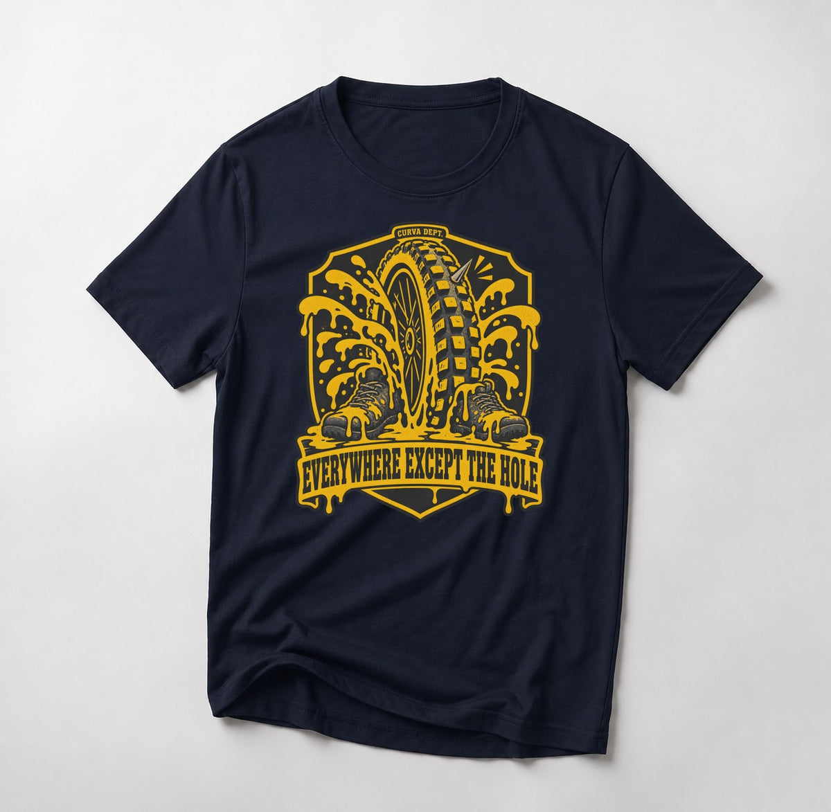 Everywhere Except The Hole mountain bike t-shirt in Navy — crest of a punctured tire erupting sealant over two boots