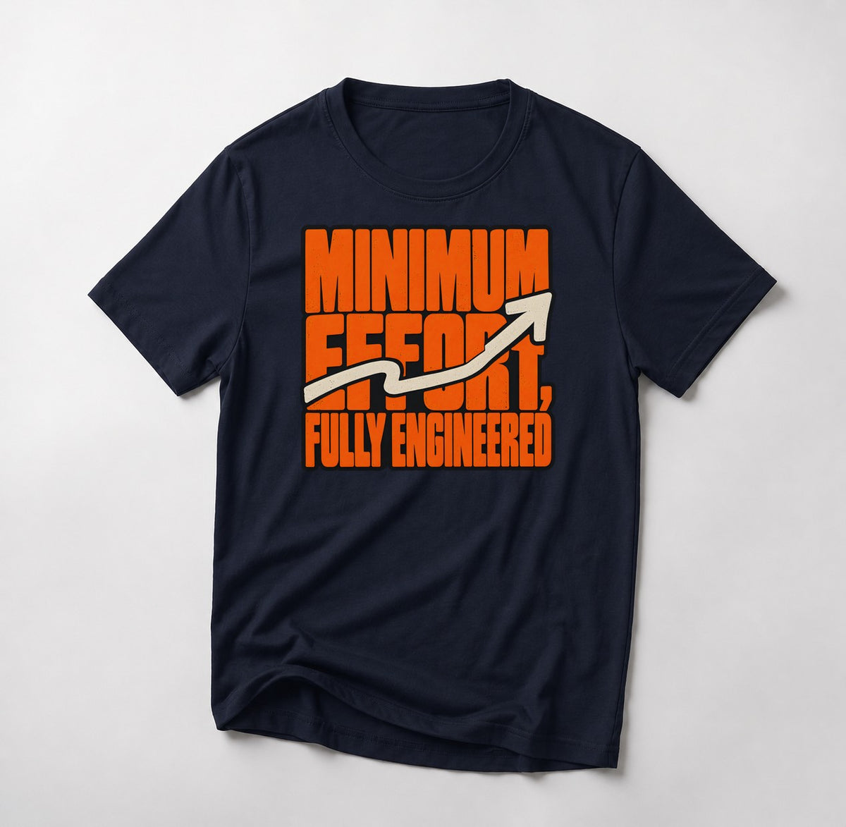 Minimum Effort, Fully Engineered mountain bike t-shirt in Navy — bold orange type with an arrow wriggling its way upward