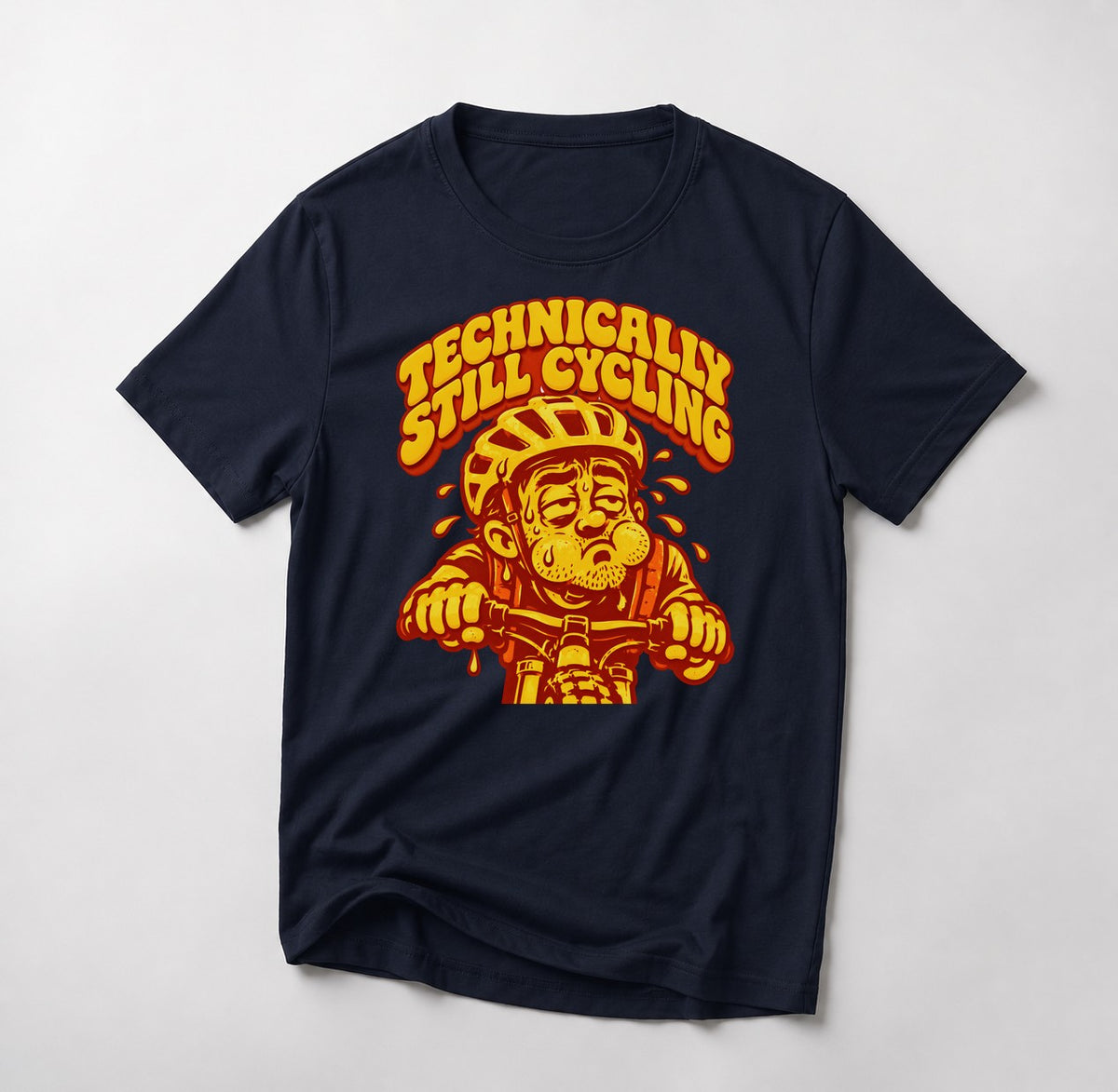 Technically Still Cycling mountain bike t-shirt in Navy — exhausted cartoon rider dripping sweat over the bars