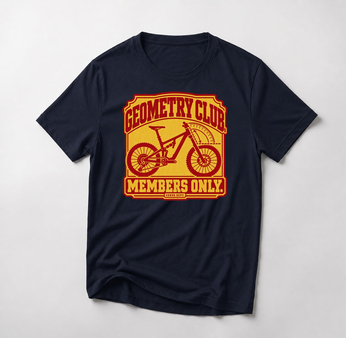 Geometry Club. Members Only. mountain bike t-shirt in Navy — club badge with a full-suspension bike and a head-angle protractor
