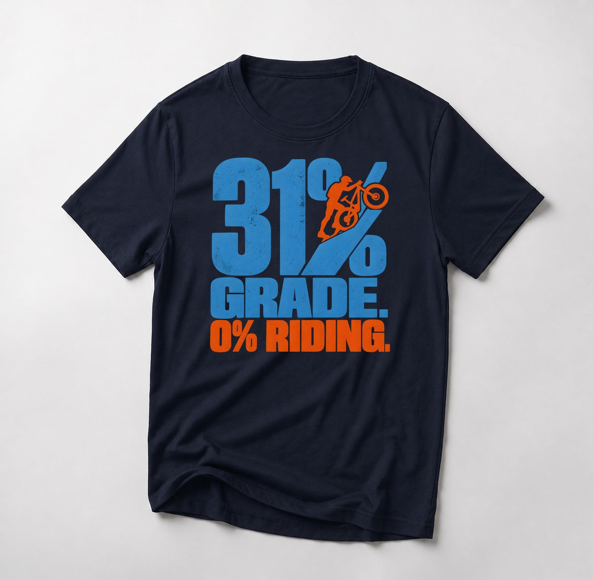 31% Grade. 0% Riding. mountain bike t-shirt in Navy — tiny rider pushing his bike up the slash of a giant percent sign