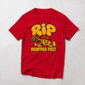 RIP Dropper Post mountain bike t-shirt in Red — cartoon dropper post with X eyes and a halo, flat on its back