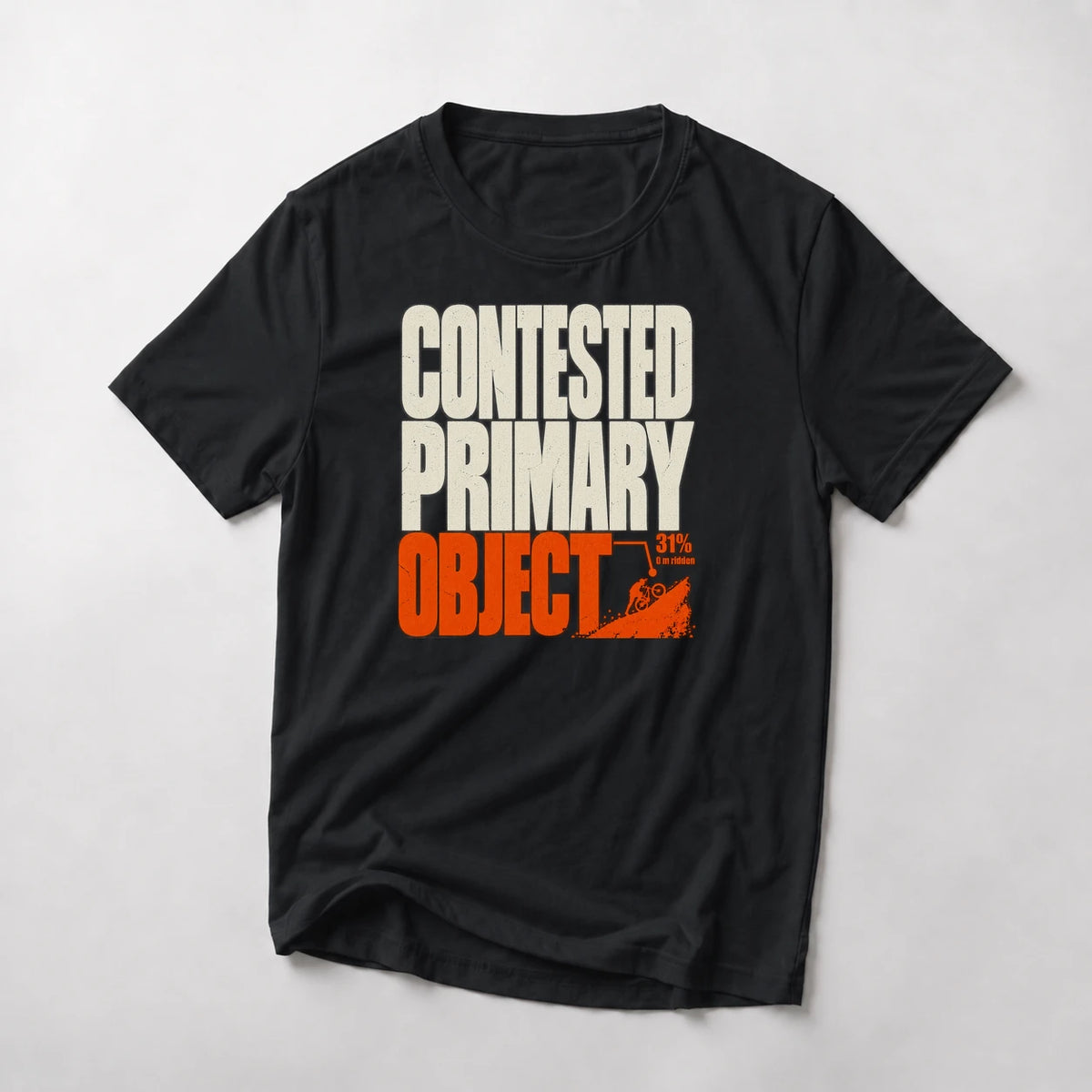 Contested Primary Object funny mountain bike t-shirt in Black — stacked lettering with a rider grinding up a 31% pitch