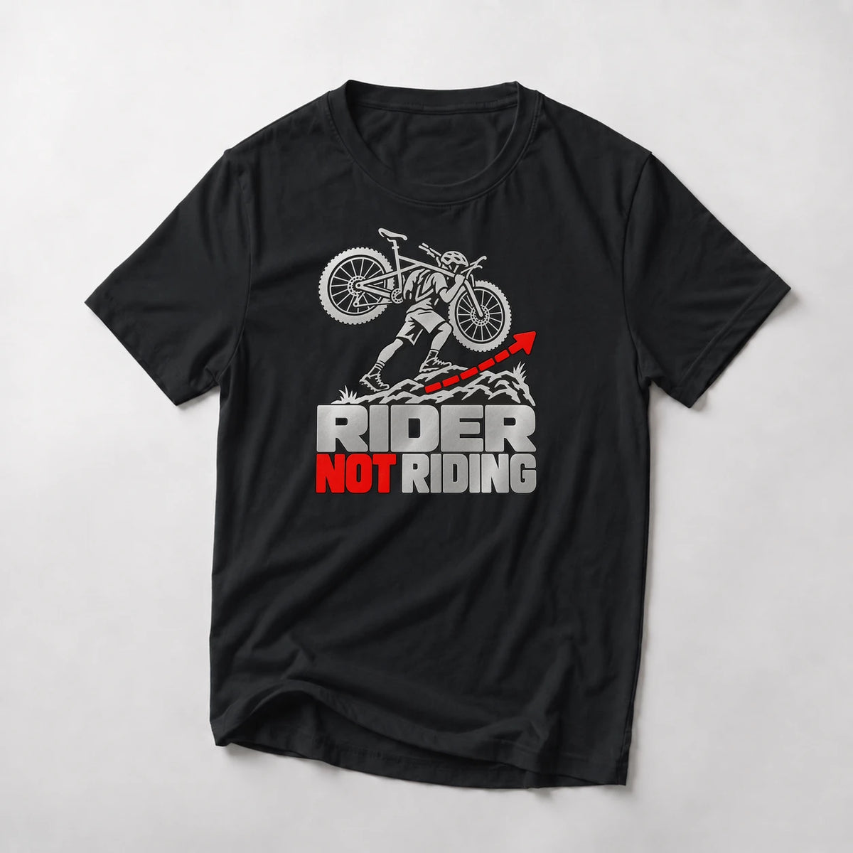Rider Not Riding funny mountain bike t-shirt in Black — rider carrying the bike on his shoulders up a rocky ridge
