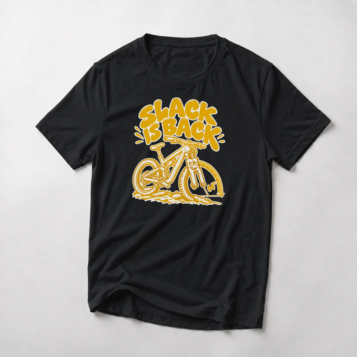 Slack Is Back funny mountain bike t-shirt in Black — cartoon enduro bike with a 64° head-angle arc