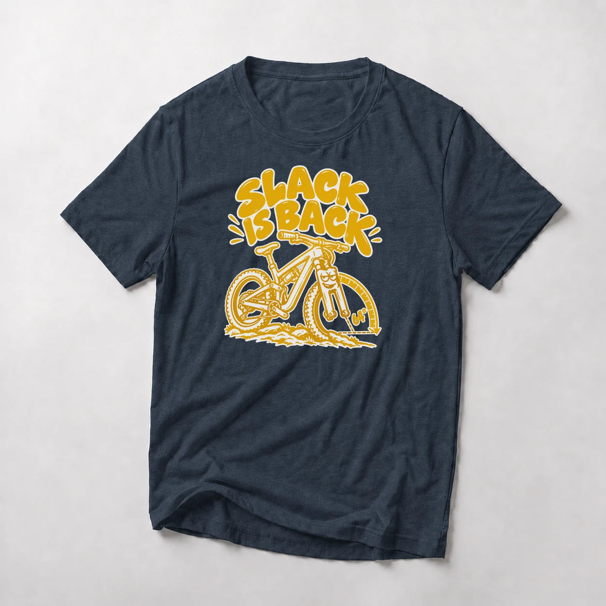 Slack Is Back funny mountain bike t-shirt in Navy — cartoon enduro bike with a 64° head-angle arc