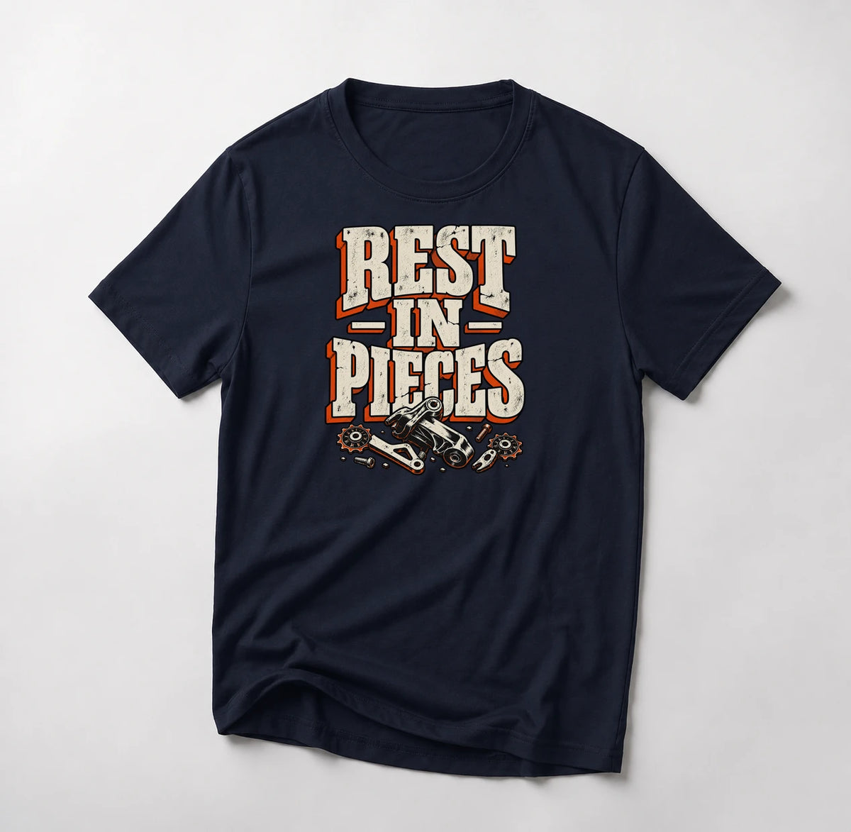 Rest In Pieces funny mountain bike t-shirt in Navy — Rest In Pieces lettering over scattered broken rear derailleur parts