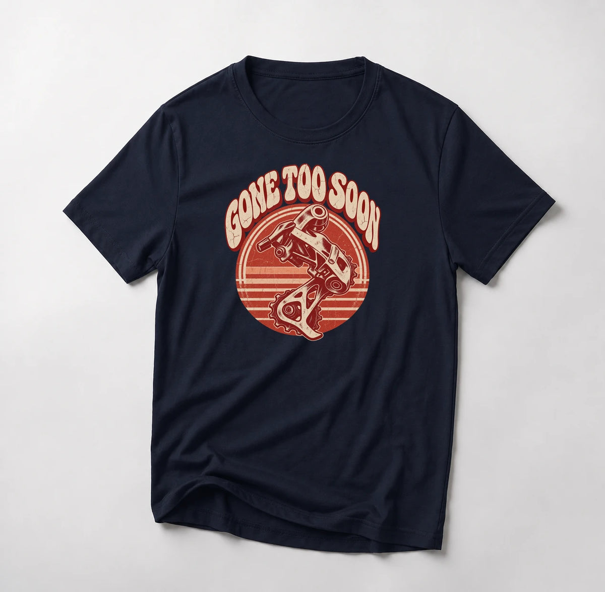 Gone Too Soon funny mountain bike t-shirt in Navy — retro seventies sunset circle with a rear derailleur and Gone Too Soon lettering