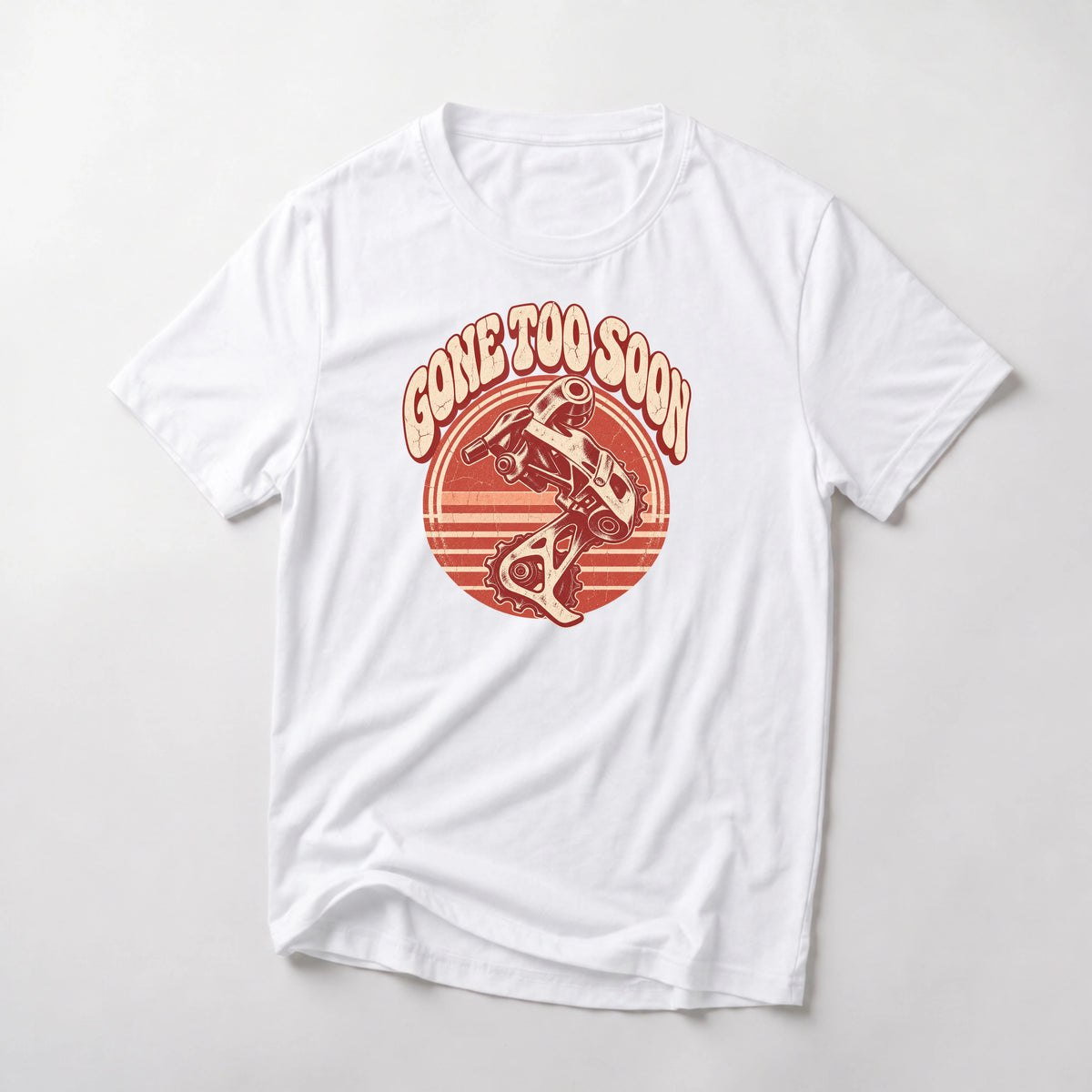 Gone Too Soon funny mountain bike t-shirt in White — retro seventies sunset circle with a rear derailleur and Gone Too Soon lettering