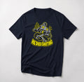 He Died Shifting funny mountain bike t-shirt in Navy — cartoon rear derailleur with X eyes and snapped cable above He Died Shifting text