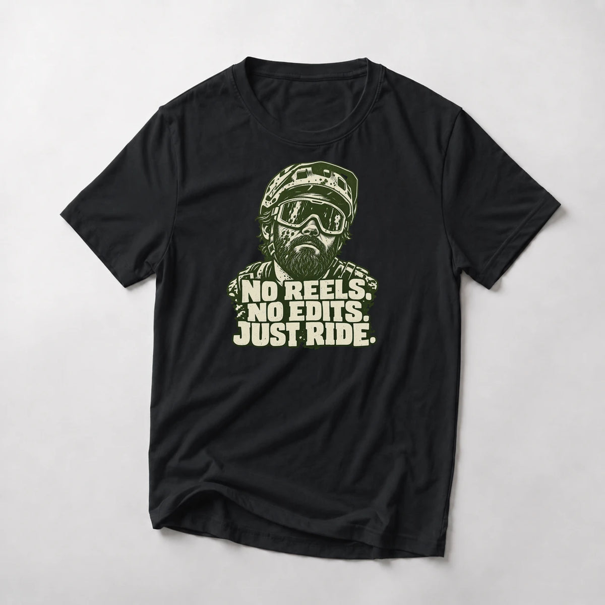 No Reels. No Edits. Just Ride. funny mountain bike t-shirt in Black — portrait of a bearded mountain biker in helmet and goggles above No Reels No Edits Just Ride