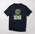 No Reels. No Edits. Just Ride. funny mountain bike t-shirt in Navy — portrait of a bearded mountain biker in helmet and goggles above No Reels No Edits Just Ride