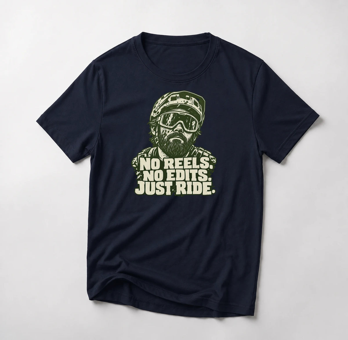 No Reels. No Edits. Just Ride. funny mountain bike t-shirt in Navy — portrait of a bearded mountain biker in helmet and goggles above No Reels No Edits Just Ride
