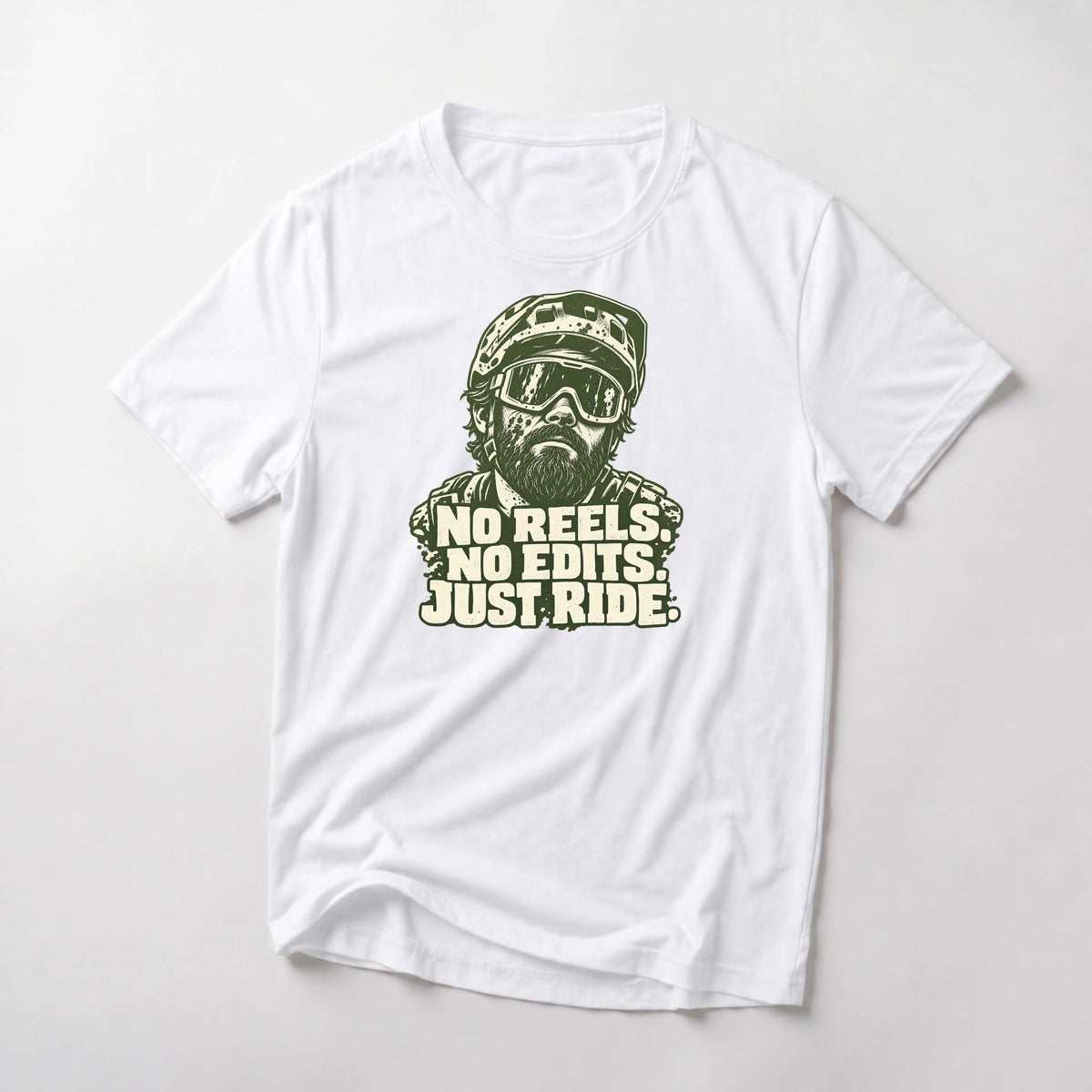 No Reels. No Edits. Just Ride. funny mountain bike t-shirt in White — portrait of a bearded mountain biker in helmet and goggles above No Reels No Edits Just Ride