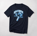 Bad At Content funny mountain bike t-shirt in Navy — exploded diagram of a phone gimbal and rear derailleur labeled Fragile and Never Used under Bad At Content