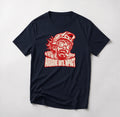 Airborne Until Impact funny mountain bike t-shirt in Navy — screaming mountain biker face mid-air with goggles askew above Airborne Until Impact text